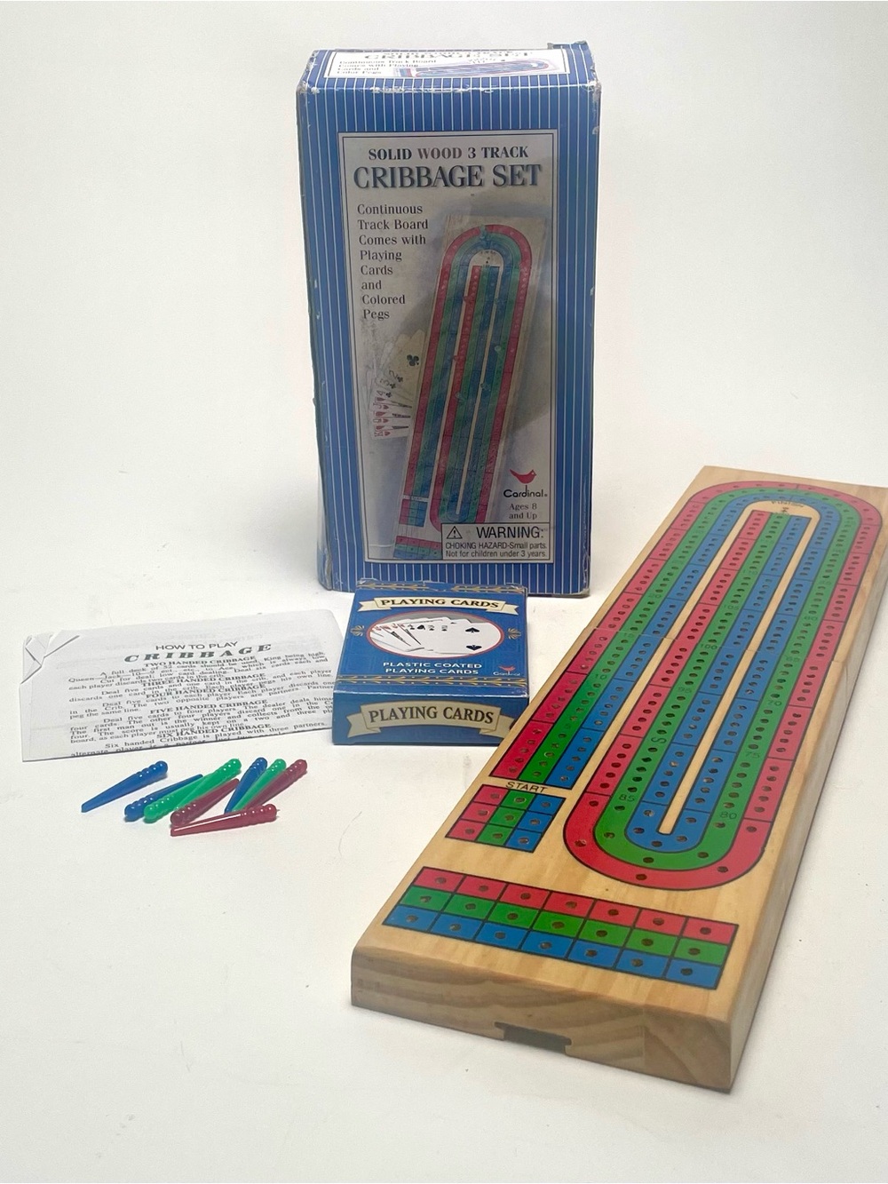 Vtg Cardinal Solid Wood 3-Track Cribbage Set Board Game w/ Cards & Pegs Complete